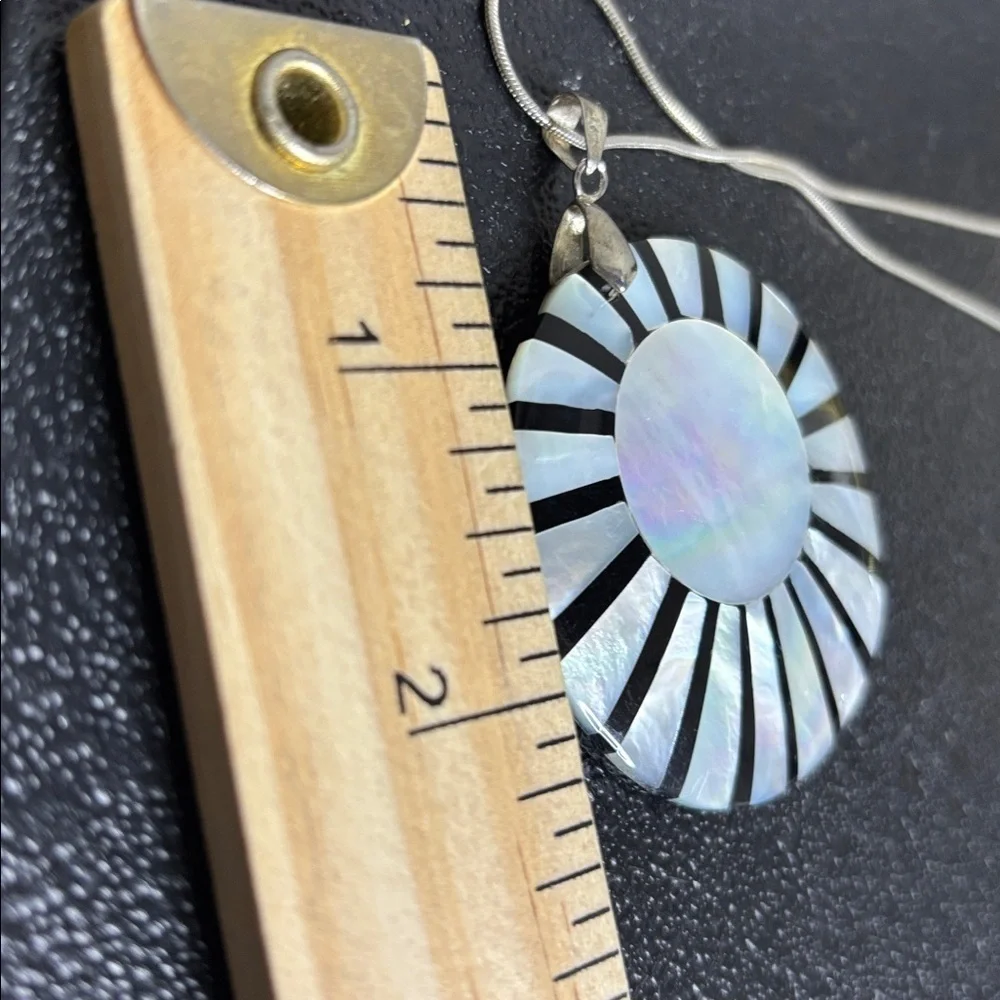 Sunburst Abalone Shell Round Pendant Silver Tone Chain Necklace